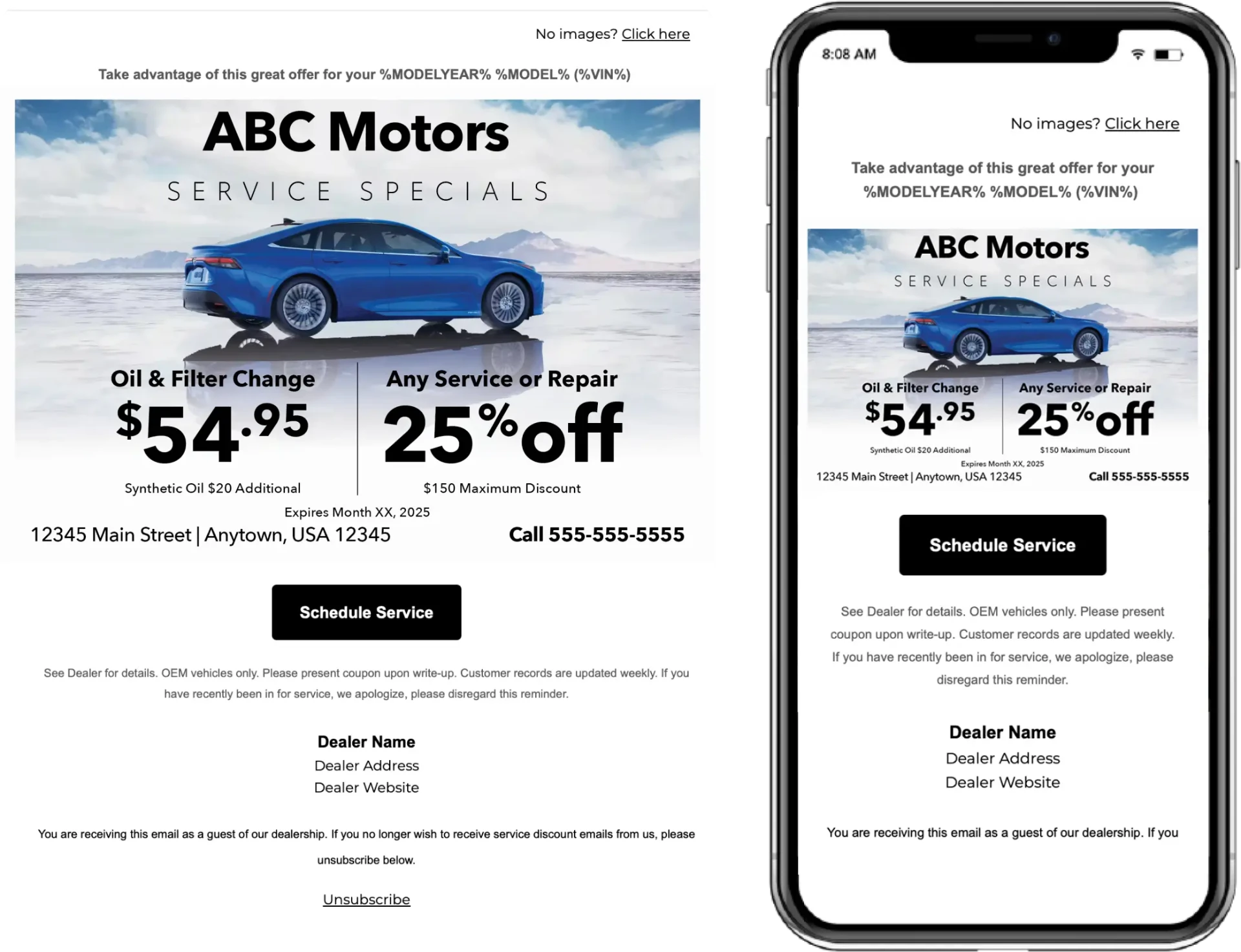 Service specials email shown on desktop and phone with a scheduling button and unsubscribe footer