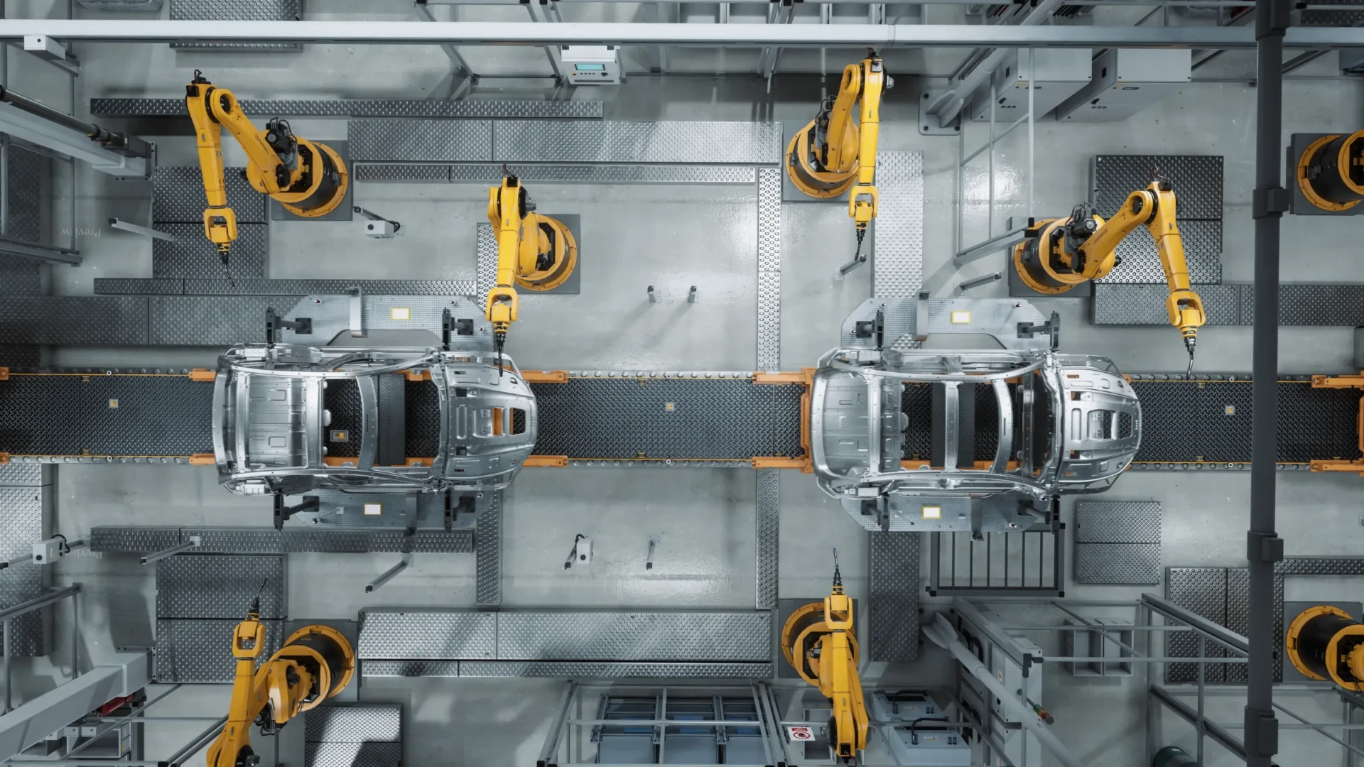 Overhead view of an automotive assembly line with robotic arms welding vehicle bodies