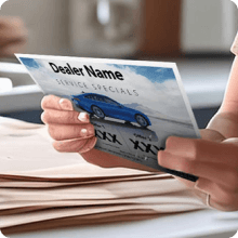 Hand holding a dealership service specials postcard over a stack of mail