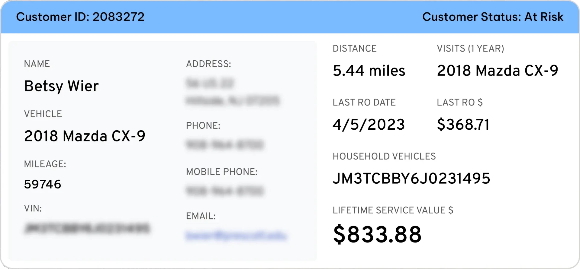 Resolved customer record with vehicle, VIN, mileage, contact details and lifetime service value
