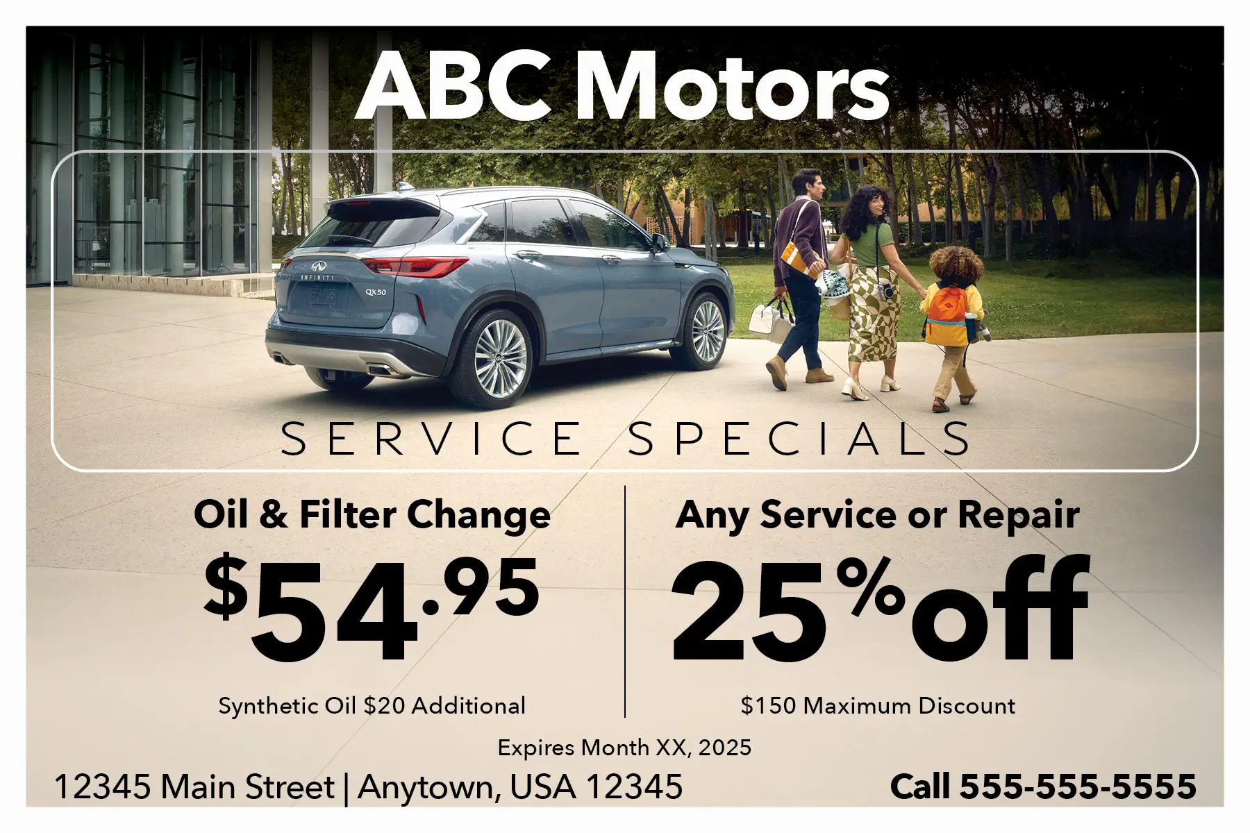 Luxury-brand service specials postcard with lifestyle photography and two priced offers