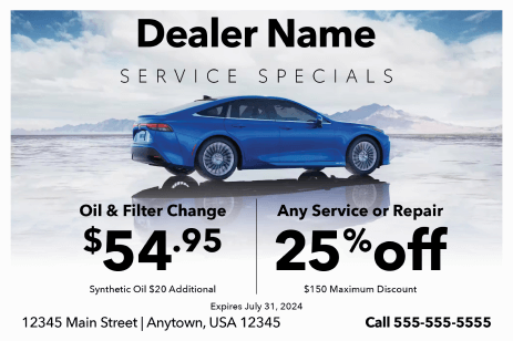 Service specials postcard offering an oil and filter change and a percentage off any repair