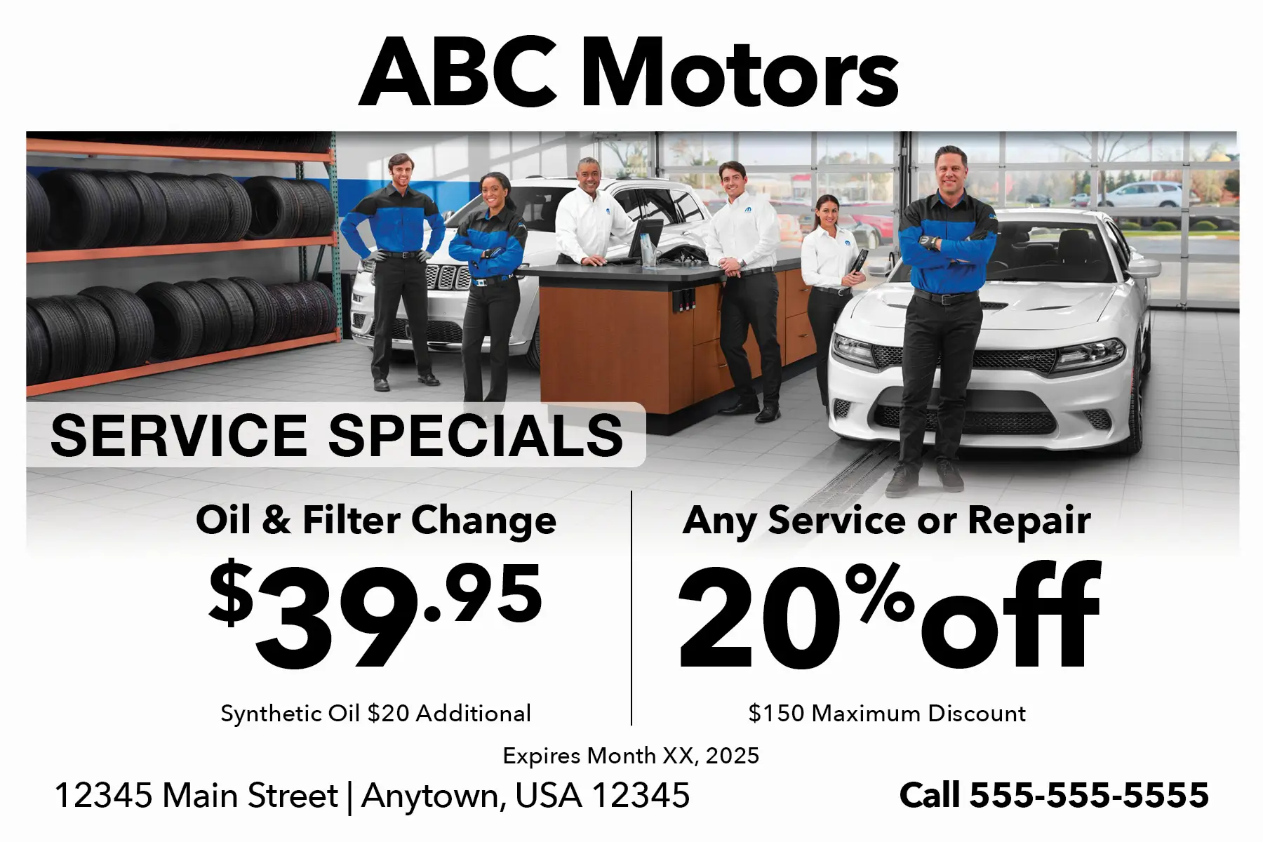 Service specials postcard featuring a dealership service team photo with two priced offers