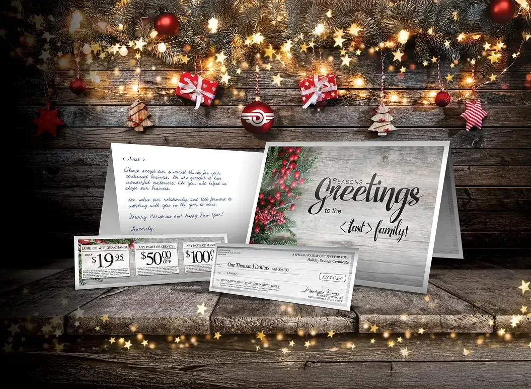 Dealership holiday greeting cards with festive designs