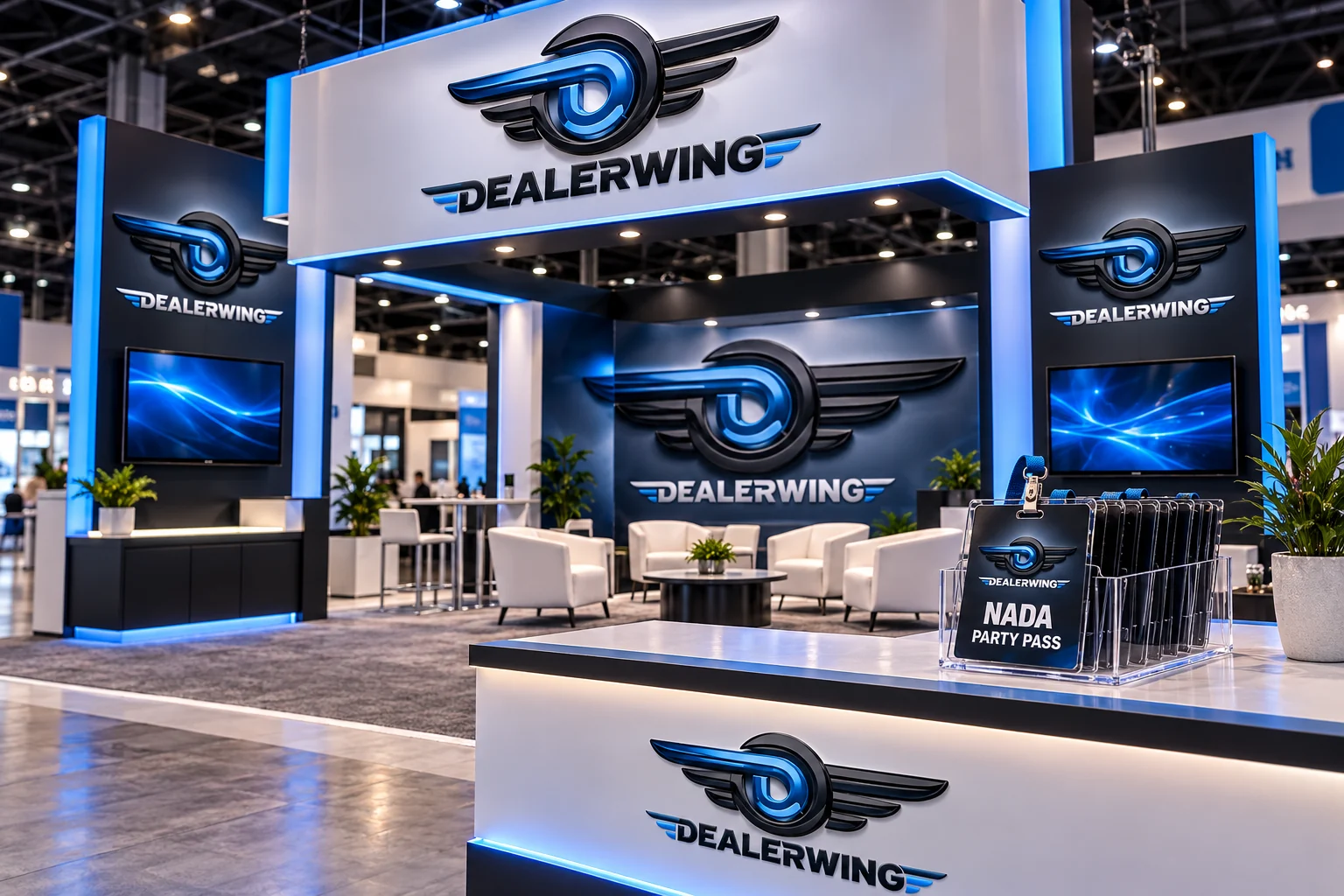 Dealerwing party booth at the NADA Show 2027 with a NADA Party Pass badge on the reception counter
