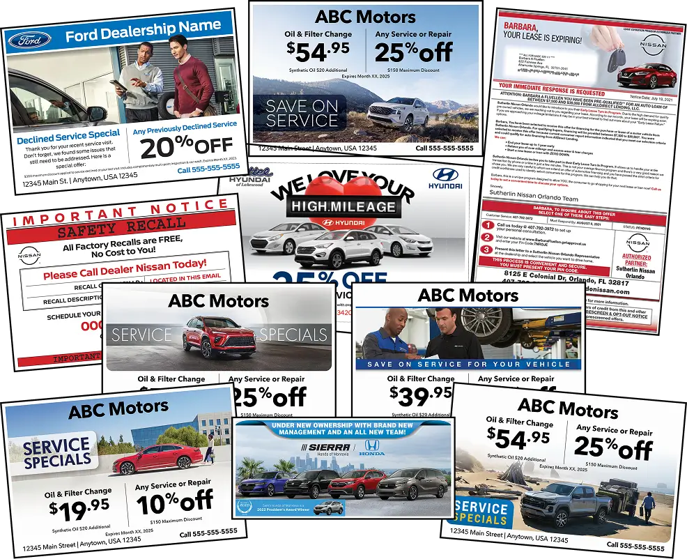 Examples of Dealerwing automotive service direct mail pieces