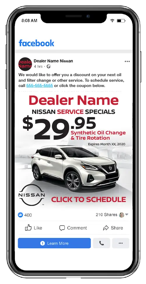 Phone showing a dealership service specials ad in a Facebook feed