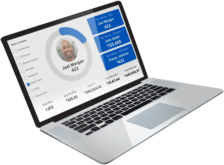 Laptop displaying the Dealerwing service advisor performance report