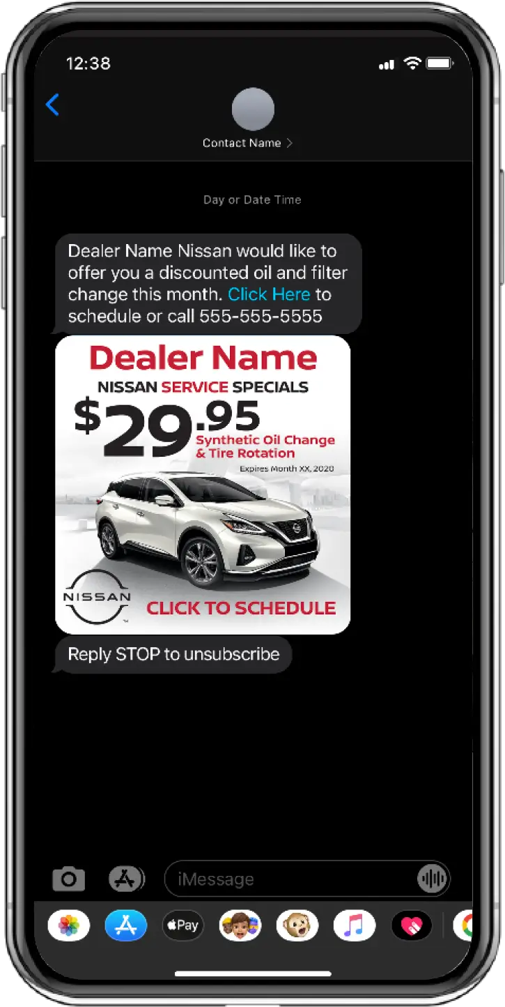 Phone showing a dealership service offer text message with an OEM coupon image and a STOP opt-out line