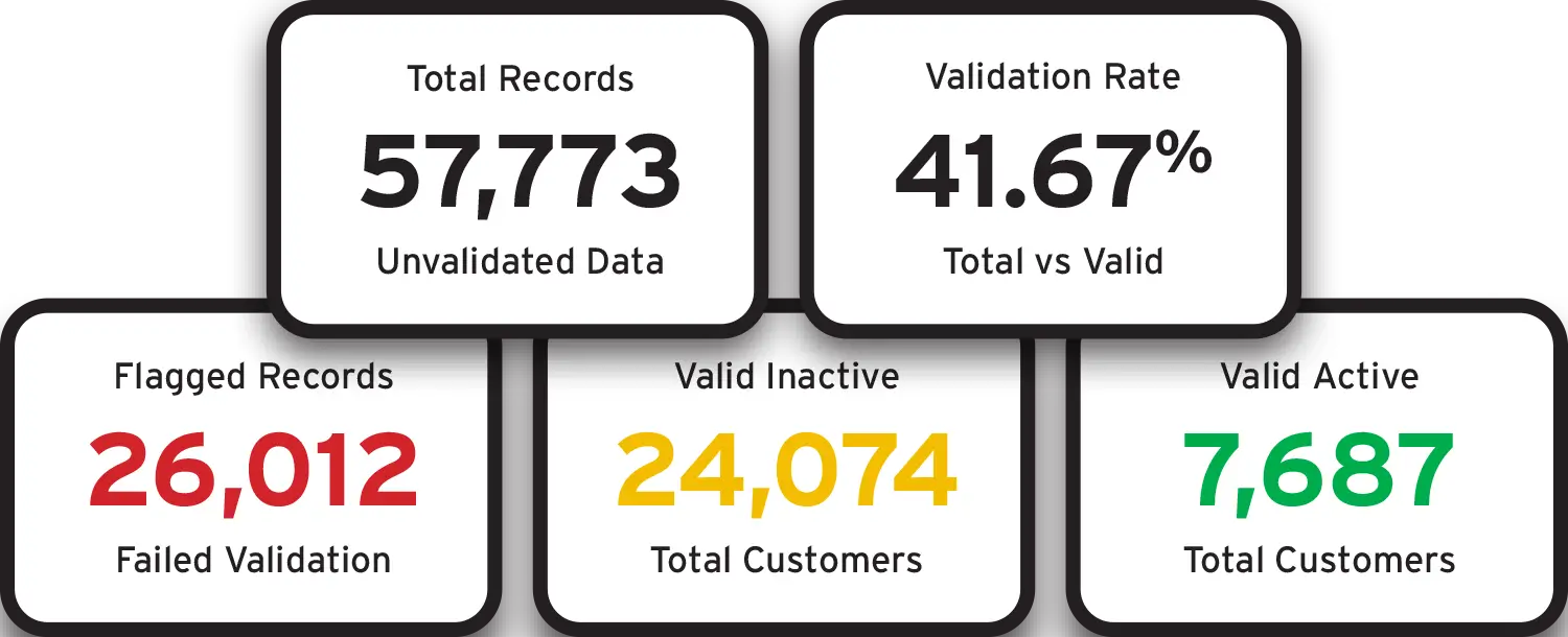 Stat cards showing total records, validation rate, flagged records, valid inactive and valid active customers