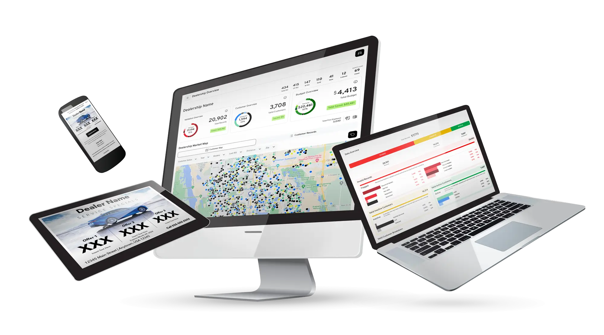 Monitor, laptop, tablet and phone showing the market map, data overview and a service specials offer