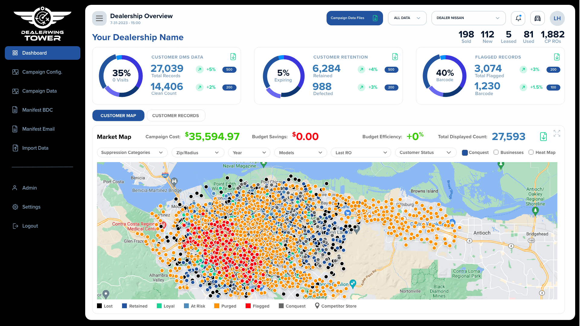 Campaign dashboard with dealership market map and customer status legend