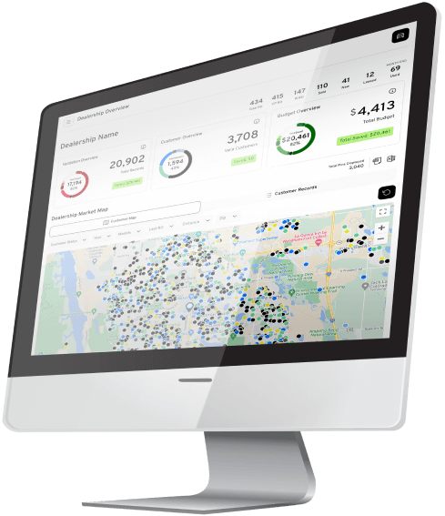 Desktop monitor showing the Dealerwing dealership overview with validation, budget and market map