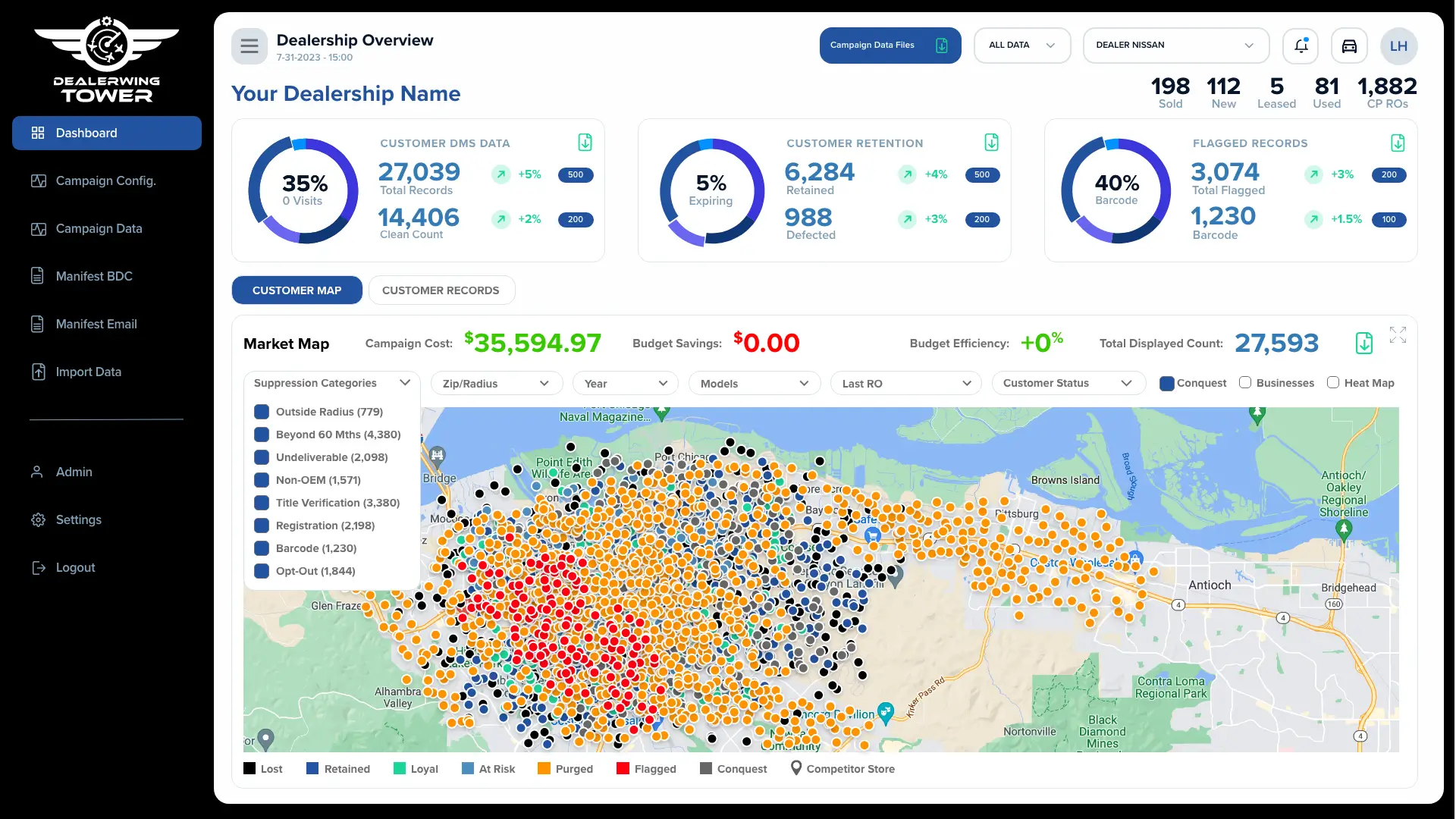 Suppression category panel listing outside radius, undeliverable, non-OEM and opt-out counts
