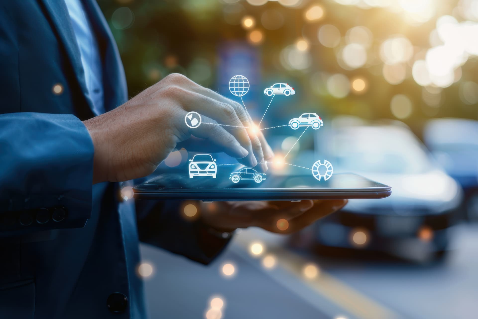 Hand interacting with a tablet showing connected vehicle data icons — locating recall customers with correct contact information