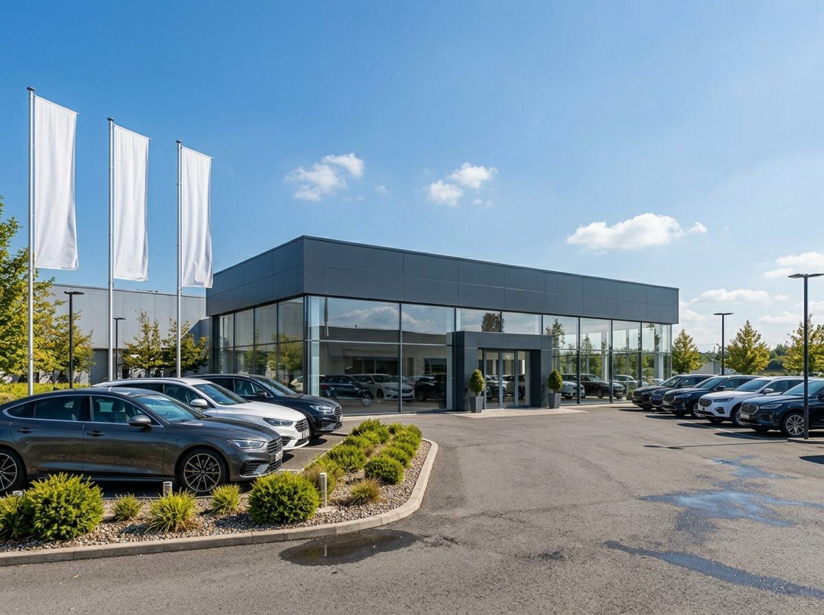 Modern car dealership showroom on a bright clear day with vehicles on the lot