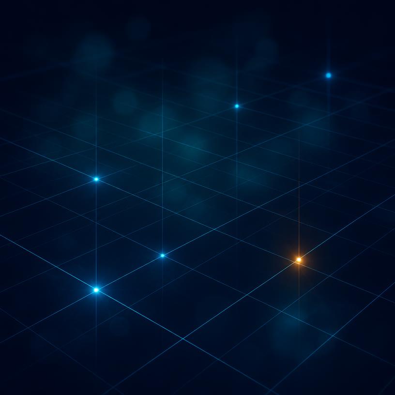 Abstract perspective grid with glowing blue nodes and one amber accent